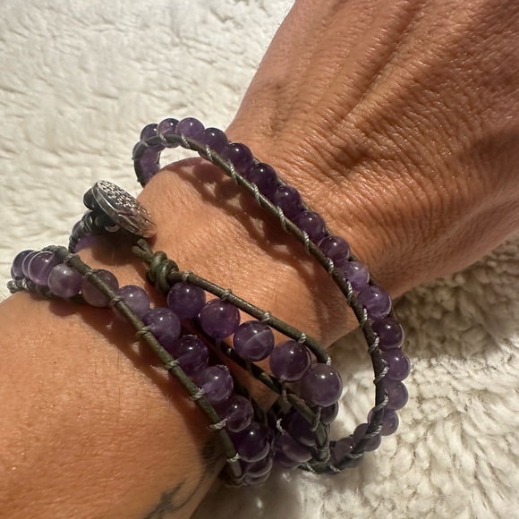 Amethyst wrap bracelet bohemian glass stone distressed leather handcrafted rare - Picture 2 of 4